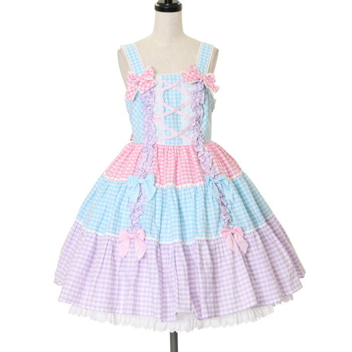 USED】ギンガム配色肩リボンジャンパースカート(サックス×ピンク×ラベンダー) | Angelic Pretty | ロリータ  ゴスロリブランド服・古着の通販はワンダーウェルト