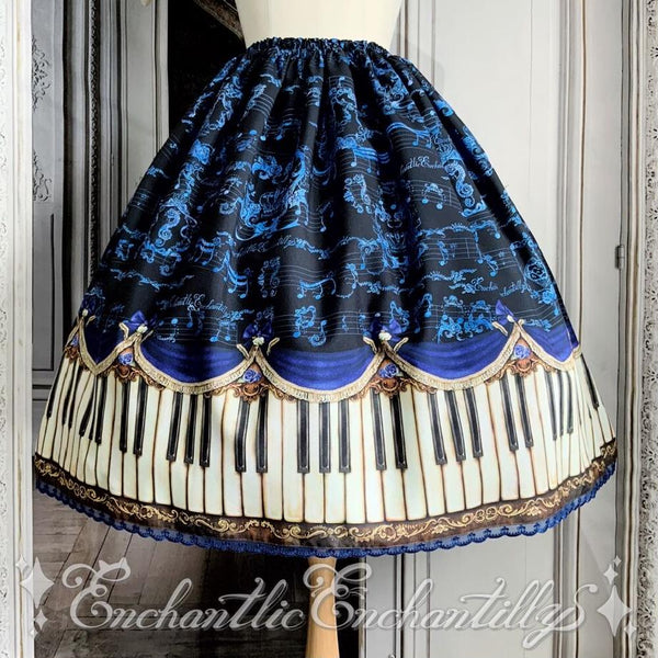 アンティークエレガンスピアノ柄スカート（黒x青） | Enchantlic